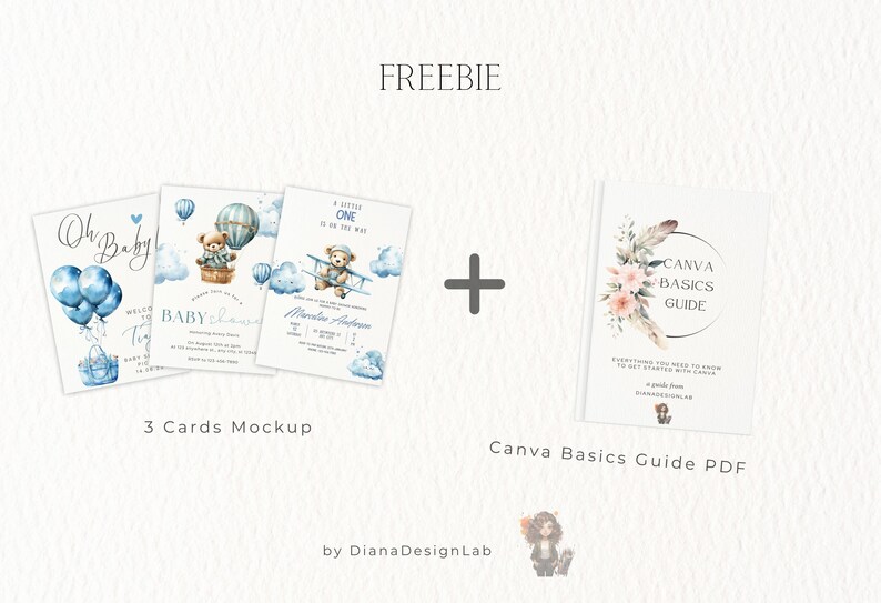 May include: A digital mockup of three baby shower invitations featuring a blue and white color scheme with a teddy bear in a hot air balloon and a teddy bear in an airplane. The text on the invitations reads "Oh Baby", "Baby Shower", and "A Little One is on the Way". The image also includes a Canva Basics Guide PDF with a floral design and the text "Canva Basics Guide".