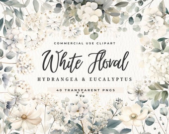 Vit blommig Clipart Hortensia Eukalyptus, Bröllop Clip Art, Botanisk PNG, Färdiggjord Blombukett, Blomkrans, Grönska Clipart