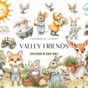 Clipart Petite vallée, histoires de contes de fées vintage, lapin mignon, lapin, bébés animaux du printemps, journal indésirable, histoires de jardin pour enfants, usage commercial