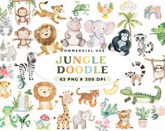 Safari Doodle Clipart, Cute Animals, Jungle Baby Png, Kawaii Animals Clipart, Digital Download, Baby Shower,Nursery Art, Commercial Use