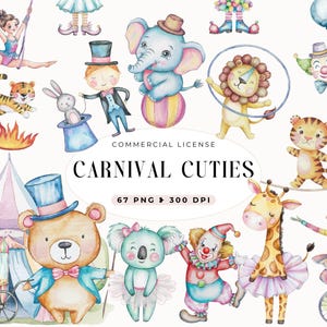 Circus clipart aquarel, kinderkamer schattige clipart, circusdier, carnaval feesttent, pastelkleur, babyshower, circusfeest, commercieel gebruik