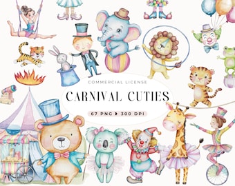 Circus Clipart Watercolor, Nursery Cute Clipart, Circus Animal, Carnival Party Tent, Pastel Color, Baby Shower, Circus Party, Commercial Use