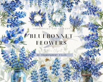 May include: Watercolor clipart of bluebonnet flowers in various arrangements, including wreaths, bouquets, and single stems. There are also hummingbirds and bees in the image. The text "COMMERCIAL USE CLIPART - BLUEBONNET FLOWERS - Watercolor Clipart - 42 TRANSPARENT FILES" is included in the image.