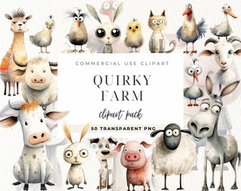 Quirky Farm Animals Clipart, Digital Download, Memory Books, Card Making, Commercial Use, Dark Fantasy Junk Journal, Whimsical Elements