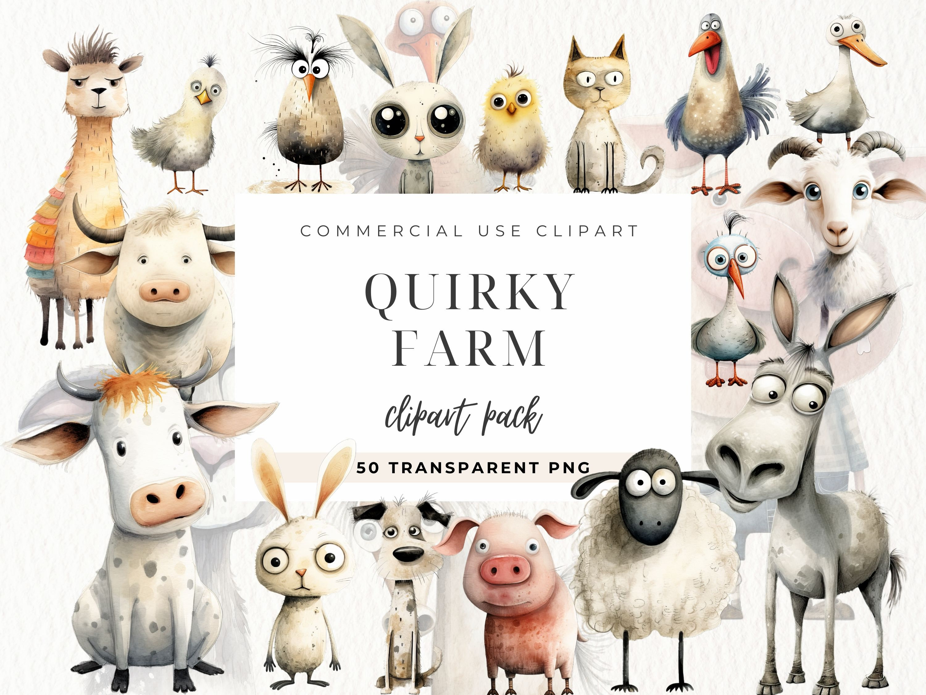 Quirky Farm Animals Clipart, Téléchargement numérique, Livres de mémoire, Fabrication de cartes, Utilisation commerciale, Dark Fantasy Junk Journal, Éléments fantaisistes