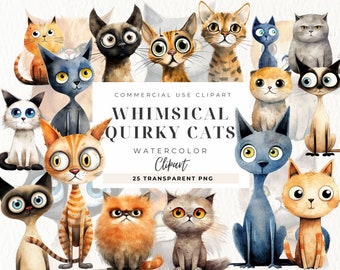 Clipart peculiar de gato, clipart de gatos caprichosos, gato Kawaii, gato peculiar digital, retratos de gatos fofos, uso comercial, clipart de planejador, gatos engraçados