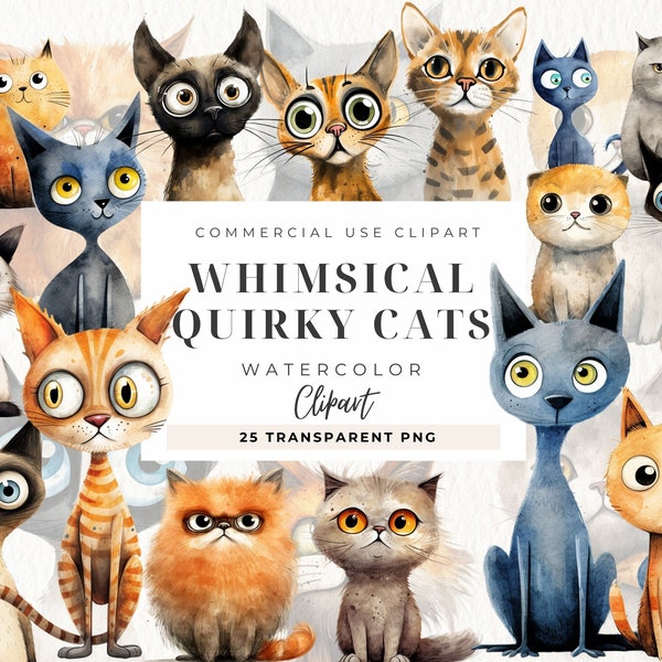 Quirky Cat Clipart, Whimsical Cats Clip art, Kawaii Cat, Quirky Cat Digital, Cute Cat Portraits, Commercial Use, Planner Clipart, Funny Cats