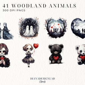 May include: 41 Woodland Animals 300 DPI PNGs. A set of digital illustrations featuring cute, spooky woodland creatures with hearts. The illustrations include a pair of ghosts, a girl with a skull face, a girl with a balloon, a black bear, and a white bear.