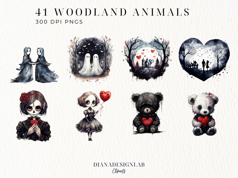 May include: 41 Woodland Animals 300 DPI PNGs. A set of digital illustrations featuring cute, spooky woodland creatures with hearts. The illustrations include a pair of ghosts, a girl with a skull face, a girl with a balloon, a black bear, and a white bear.