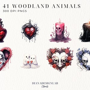 May include: A set of 41 digital illustrations of woodland animals in a gothic style. The illustrations feature hearts, skulls, candles, and ghosts. The images are in PNG format and are 300 DPI.