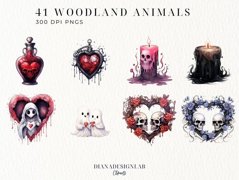 May include: A set of 41 digital illustrations of woodland animals in a gothic style. The illustrations feature hearts, skulls, candles, and ghosts. The images are in PNG format and are 300 DPI.