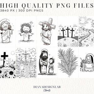 Puede incluir: Un conjunto de 42 ilustraciones digitales en blanco y negro que representan escenas religiosas. Las ilustraciones presentan una variedad de escenas de la vida de Jesucristo, incluyendo su nacimiento, crucifixi&oacute;n y resurrecci&oacute;n. Las ilustraciones est&aacute;n en un estilo simple y de dibujos animados y son perfectas para usar en materiales de educaci&oacute;n religiosa, manualidades o scrapbooking.