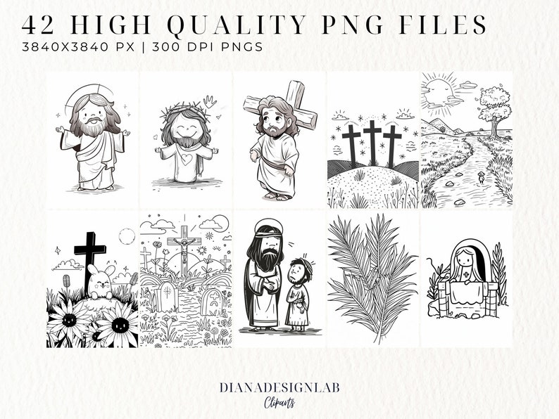 Puede incluir: Un conjunto de 42 ilustraciones digitales en blanco y negro que representan escenas religiosas. Las ilustraciones presentan una variedad de escenas de la vida de Jesucristo, incluyendo su nacimiento, crucifixi&oacute;n y resurrecci&oacute;n. Las ilustraciones est&aacute;n en un estilo simple y de dibujos animados y son perfectas para usar en materiales de educaci&oacute;n religiosa, manualidades o scrapbooking.