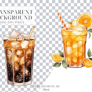 May include: Two watercolor illustrations of iced drinks. The first is a brown iced coffee with a yellow straw. The second is a yellow iced tea with a red and white striped straw and a slice of orange. Both drinks have ice cubes and are in clear glasses.