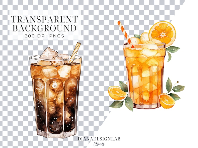 May include: Two watercolor illustrations of iced drinks. The first is a brown iced coffee with a yellow straw. The second is a yellow iced tea with a red and white striped straw and a slice of orange. Both drinks have ice cubes and are in clear glasses.