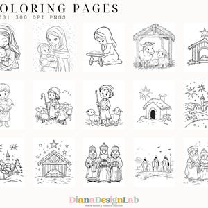 May include: A set of 45 black and white coloring pages featuring various scenes from the Christmas story. The pages include images of Mary and baby Jesus, shepherds, wise men, and the nativity scene. The pages are designed for children to color and enjoy.