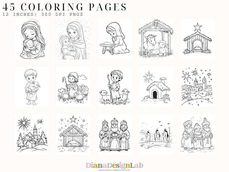 May include: A set of 45 black and white coloring pages featuring various scenes from the Christmas story. The pages include images of Mary and baby Jesus, shepherds, wise men, and the nativity scene. The pages are designed for children to color and enjoy.