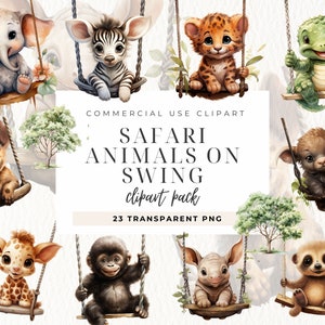 Baby Safari Tiere Aquarell Clipart, Tiere auf Schaukeln, Kindergarten Tiere Kunst, Baby Erdmännchen, Zebra, Babyparty einladen, PNG, kommerzielle Nutzung