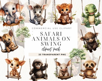 May include: A set of 23 digital clipart images featuring safari animals on swings. The animals are illustrated in a watercolor style and include a zebra, elephant, giraffe, lion, hyena, gorilla, and more. The images are perfect for creating invitations, cards, and other crafts.