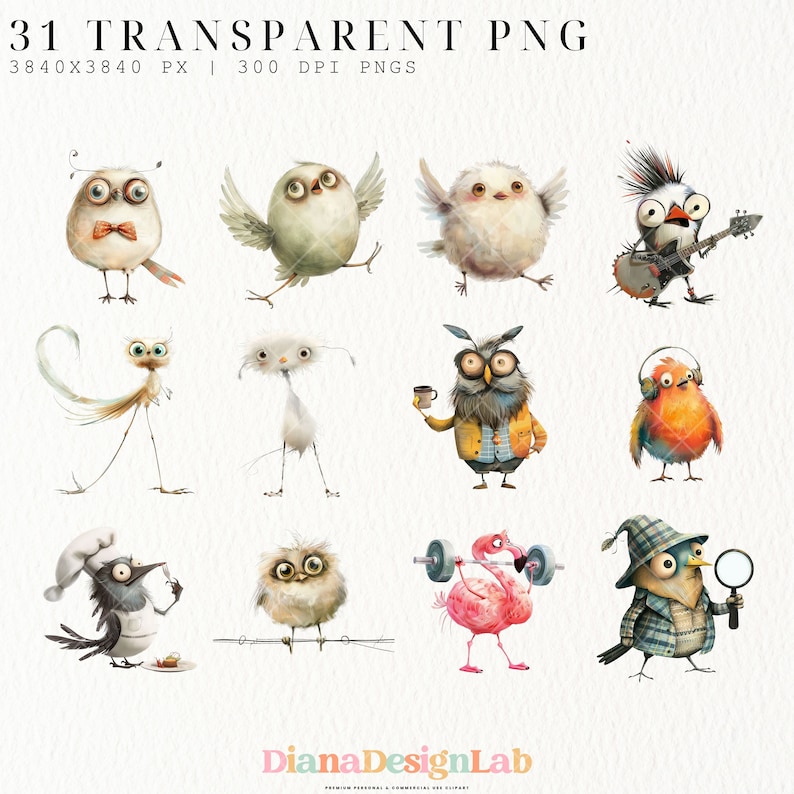 May include: A set of 9 digital illustrations of whimsical birds and creatures. The illustrations are in a watercolor style and feature a variety of characters, including a bird with a bow tie, a bird with headphones, a bird with a magnifying glass, and a flamingo lifting weights.
