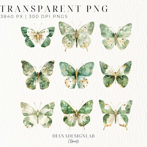 May include: 15 watercolor butterfly illustrations in shades of green and gold with white accents. The butterflies are isolated on a white background.  The text "DIANADESIGNLAB" is at the bottom of the image.