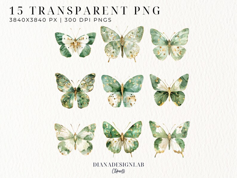 May include: 15 watercolor butterfly illustrations in shades of green and gold with white accents. The butterflies are isolated on a white background.  The text "DIANADESIGNLAB" is at the bottom of the image.