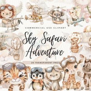 Safari Fly Adventures Clipart, El tiempo vuela, Descarga instantánea, León aviador, Mono paracaídas, Globo aerostático, Baby Shower, Uso comercial