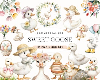 Spring Baby Goose Clipart, Whimsical Duck Easter, Vintage Cottagecore, Silly Goose, Baby Shower, Birthday Party, Wildflowers, Commercial Use