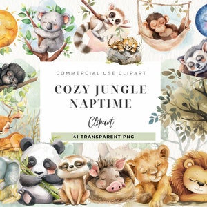 Imágenes Prediseñadas de Safari soñoliento, vivero de animales, pijamas durmiendo bebé animal con guardería de almohadas, baby shower de la selva de elefantes, arte de la pared, baby shower
