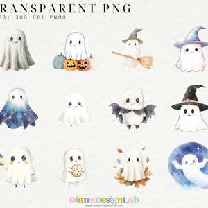 May include: A set of 36 digital illustrations of cute ghosts in various poses and costumes. The ghosts are white with black eyes and mouths, and some are wearing hats, holding pumpkins, or flying. The illustrations are perfect for Halloween crafts, scrapbooking, and digital design projects.