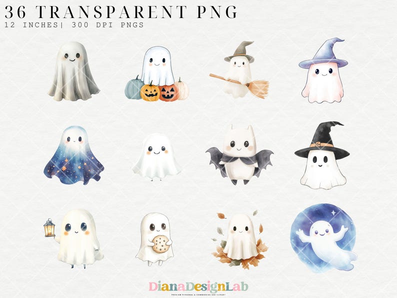 May include: A set of 36 digital illustrations of cute ghosts in various poses and costumes. The ghosts are white with black eyes and mouths, and some are wearing hats, holding pumpkins, or flying. The illustrations are perfect for Halloween crafts, scrapbooking, and digital design projects.