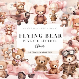Clipart ours volant, téléchargement numérique, voyageur, nounours rose, petit ours, clipart aquarelle baby shower fille, pilote mignon, décoration de chambre d'enfant