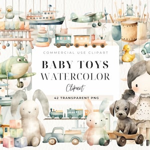 Clipart aquarelle jouet bébé, décoration de chambre d'enfant, nouveau-né Png, art pour chambre de bébé, baby shower pastel, clipart jouet, invitations d'anniversaire