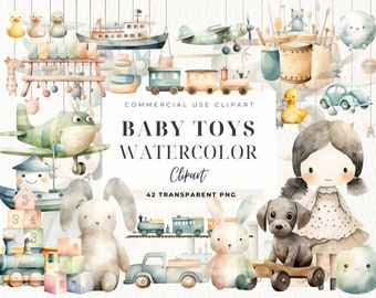 Watercolor Baby Toy Clipart, Nursery Decor, Newborn Children Png, Nursery Art, Pastel Baby Shower, Toy Clip art, Birthday Invites