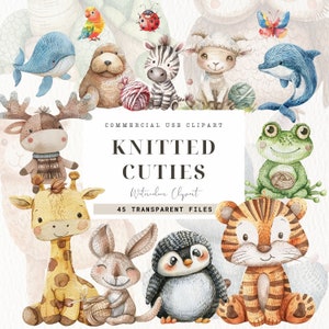 Clipart Gestrickte Tiere, Kinderzimmer Dekor, Strick-ClipArt, Tiere, Safari-Babys, Aquarellgarn und Wolle, Babyparty, kommerzielle Nutzung