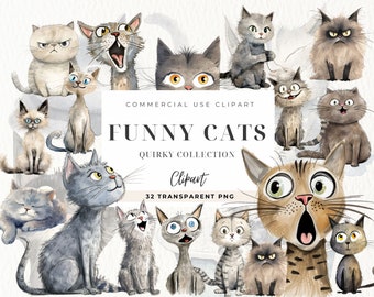 Quirky Cat Clipart, Whimsical Cats Clip art, Kawaii Cat, Quirky Cat Digital, Cute Cat Portraits, Commercial Use, Planner Clipart, Funny Cats