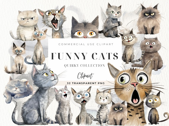 Quirky Cat Clipart, Whimsical Cats Clip art, Kawaii Cat, Quirky Cat Digital, Cute Cat Portraits, Commercial Use, Planner Clipart, Funny Cats