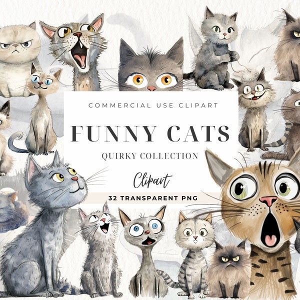 Quirky Cat Clipart, Whimsical Cats Clip art, Kawaii Cat, Quirky Cat Digital, Cute Cat Portraits, Commercial Use, Planner Clipart, Funny Cats