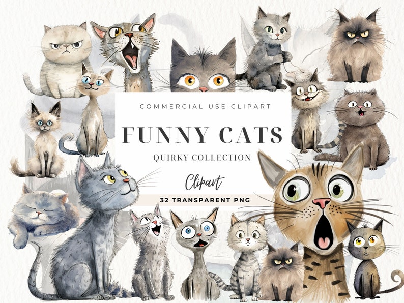 Pode incluir: Uma cole&ccedil;&atilde;o de 32 ilustra&ccedil;&otilde;es de aquarela de gatos engra&ccedil;ados com express&otilde;es exc&ecirc;ntricas. As ilustra&ccedil;&otilde;es s&atilde;o em estilo de desenho animado e apresentam uma variedade de ra&ccedil;as e cores de gatos. O texto "FUNNY CATS" e "QUIRKY COLLECTION" &eacute; exibido no centro da imagem.