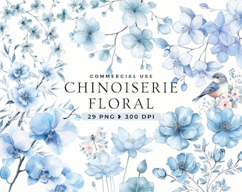 Imágenes prediseñadas de flores chinoiserie, flores vintage, coronas vintage, descarga digital, invitaciones de boda, chinoiserie azul, marca y empaque