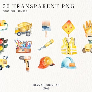 May include: Watercolor illustrations of construction tools and equipment, including a paint roller, cement mixer, paintbrush, road sign, work gloves, traffic light, toolbox, screwdriver, safety vest, bulldozer, steamroller, drill, and hard hats. Text reads "50 TRANSPARENT PNG" and "300 DPI PNGS".