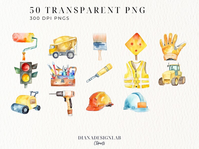 May include: Watercolor illustrations of construction tools and equipment, including a paint roller, cement mixer, paintbrush, road sign, work gloves, traffic light, toolbox, screwdriver, safety vest, bulldozer, steamroller, drill, and hard hats. Text reads "50 TRANSPARENT PNG" and "300 DPI PNGS".