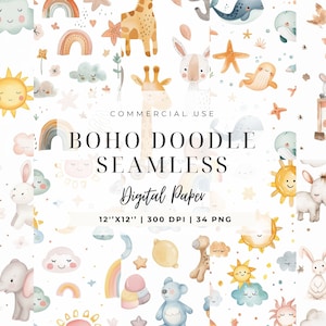 Boho Baby aquarela clipart, padrão sem emenda de animal de berçário, recém-nascido Boho Kid Doodle, chá de bebê PNG, lua, animal fofo, papel digital