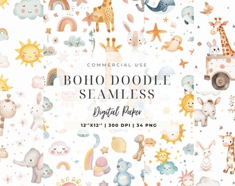 Clipart aquarelle Boho bébé, pépinière Animal motif sans couture, Doodle pour enfant Boho nouveau-né, Shower de bébé PNG, lune, animal mignon, papier numérique