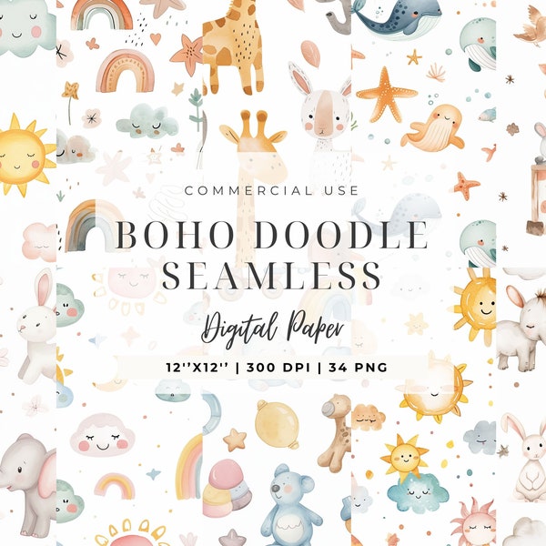 Clipart aquarelle Boho bébé, pépinière Animal motif sans couture, Doodle pour enfant Boho nouveau-né, Shower de bébé PNG, lune, animal mignon, papier numérique