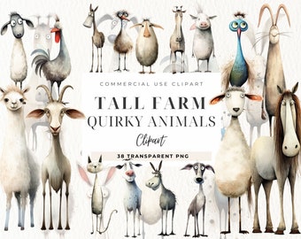 Clipart original d&#39;animaux de la ferme, grands animaux, longues jambes, livres de souvenirs, fabrication de cartes, usage commercial, journal indésirable fantastique, éléments fantaisistes