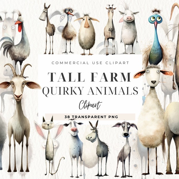 Quirky Farm Animals Clipart, Tall Animals, Long legs, Memory Books, Card Making, Commercial Use, Fantasy Junk Journal, Whimsical Elements