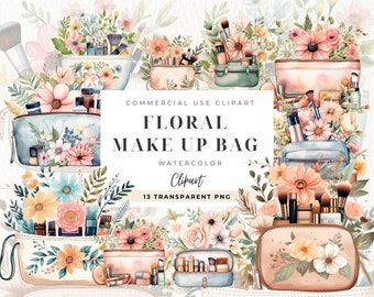 Floral Makeup Bag Clipart, Watercolor, Crafting, Journaling, Scrapbooking, Digital Download,  Cosmetic Design, Makeup Lover