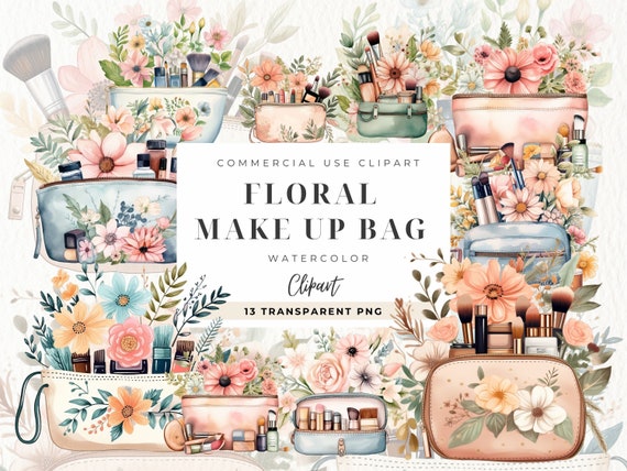 Floral Makeup Bag Clipart, Watercolor, Crafting, Journaling, Scrapbooking, Digital Download,  Cosmetic Design, Makeup Lover