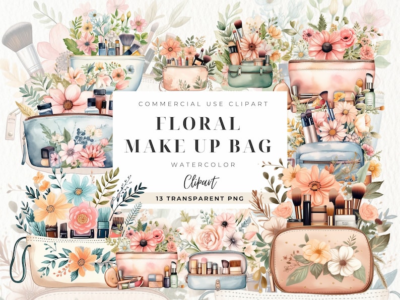 K&ouml;nnte beinhalten: Ein Set mit 13 Aquarell-Illustrationen von Blumen-Schminktaschen. Die Taschen sind in verschiedenen Farben gehalten und zeigen unterschiedliche Blumendesigns. Der Text "COMMERCIAL USE CLIPART FLORAL MAKE UP BAG WATERCOLOR Clipart 13 TRANSPARENT PNG" ist auf wei&szlig;em Hintergrund dargestellt.